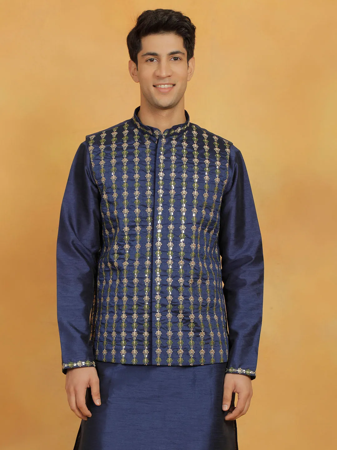 VASTRAMAY Men's Navy Blue Dupion Silk Nehru Jacket