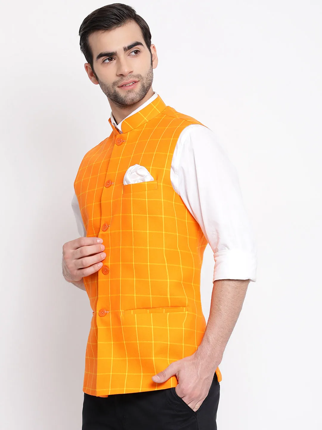 VASTRAMAY Men's Orange Checkered Pattern Classic Nehru Jacket