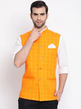 VASTRAMAY Men's Orange Checkered Pattern Classic Nehru Jacket