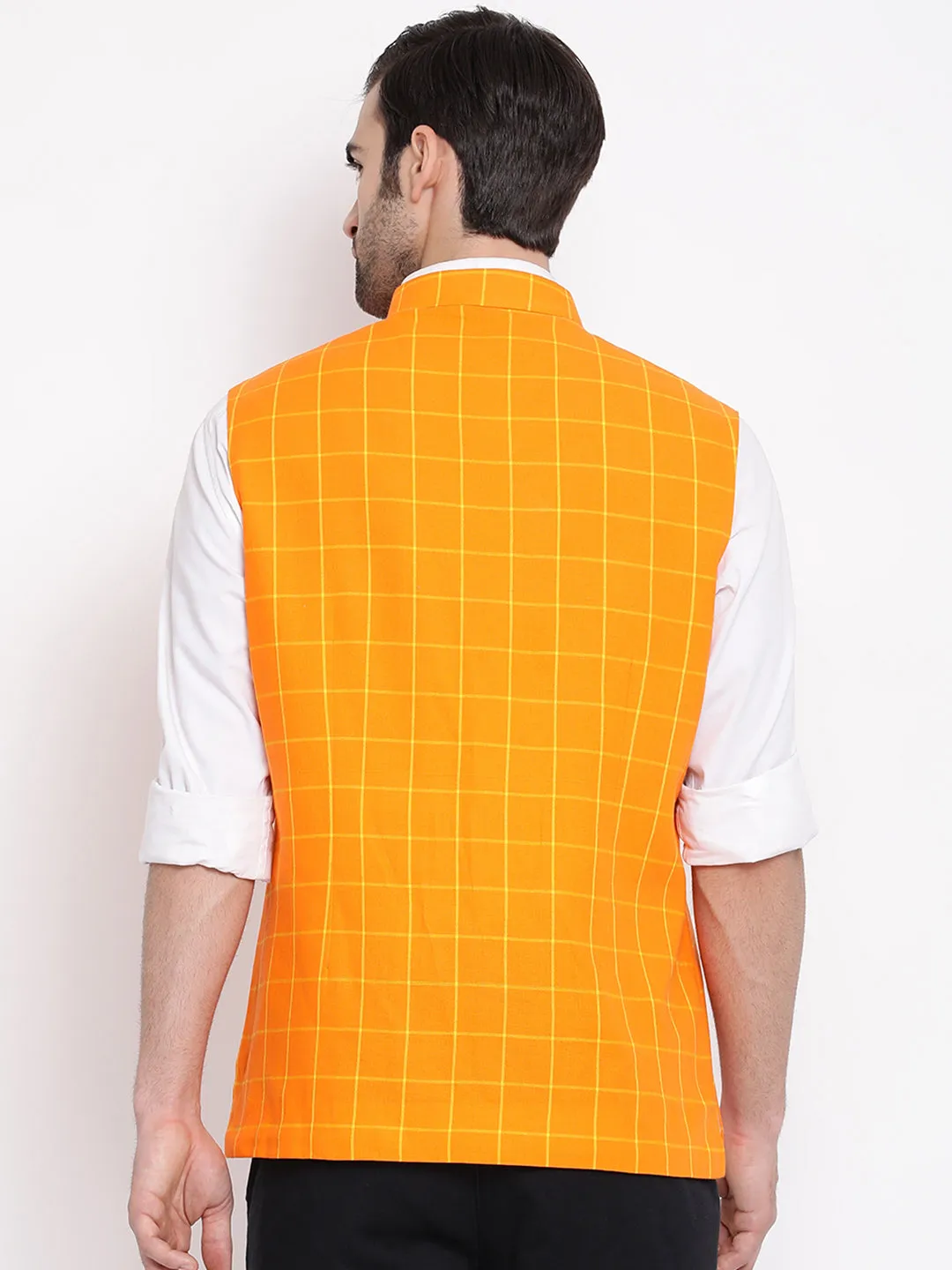 VASTRAMAY Men's Orange Checkered Pattern Classic Nehru Jacket