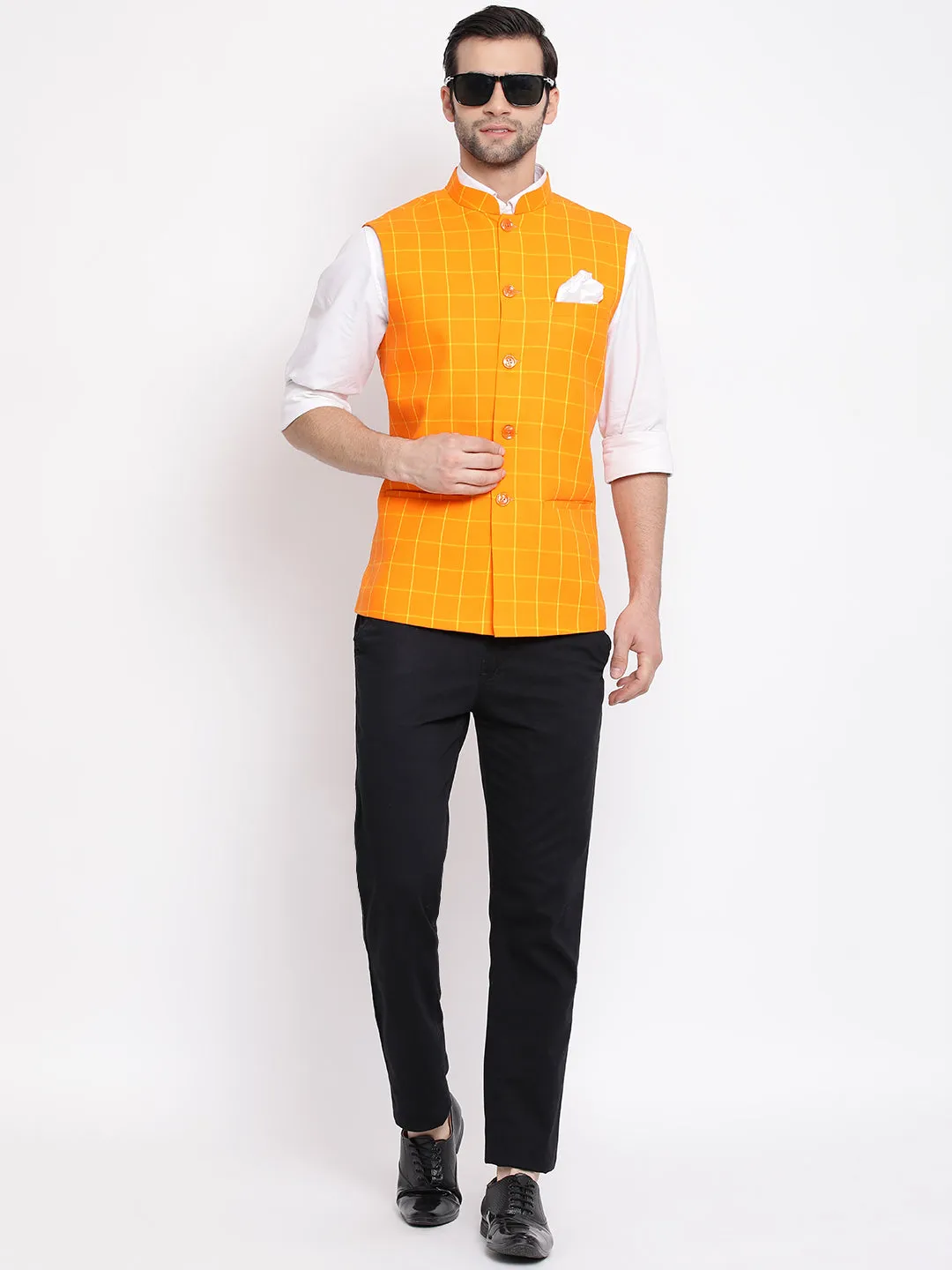 VASTRAMAY Men's Orange Checkered Pattern Classic Nehru Jacket