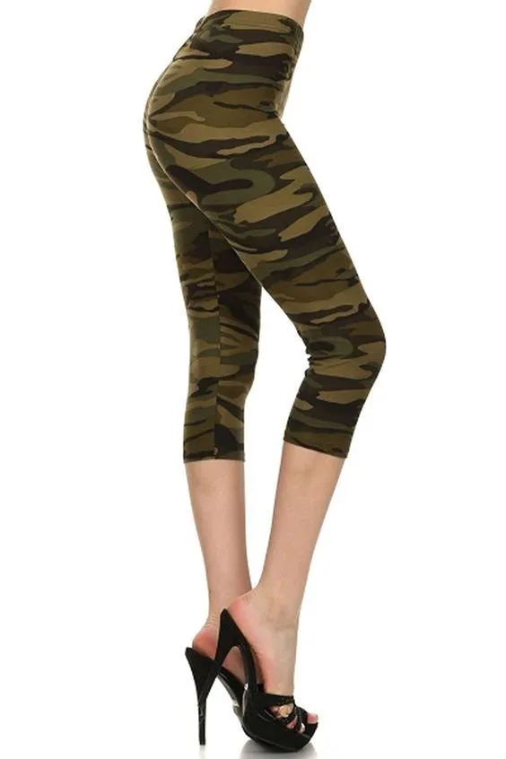 Womens Camouflage Capri Leggings, Soft Yoga Pants, Sizes 0-18, No-Roll Waist, Green