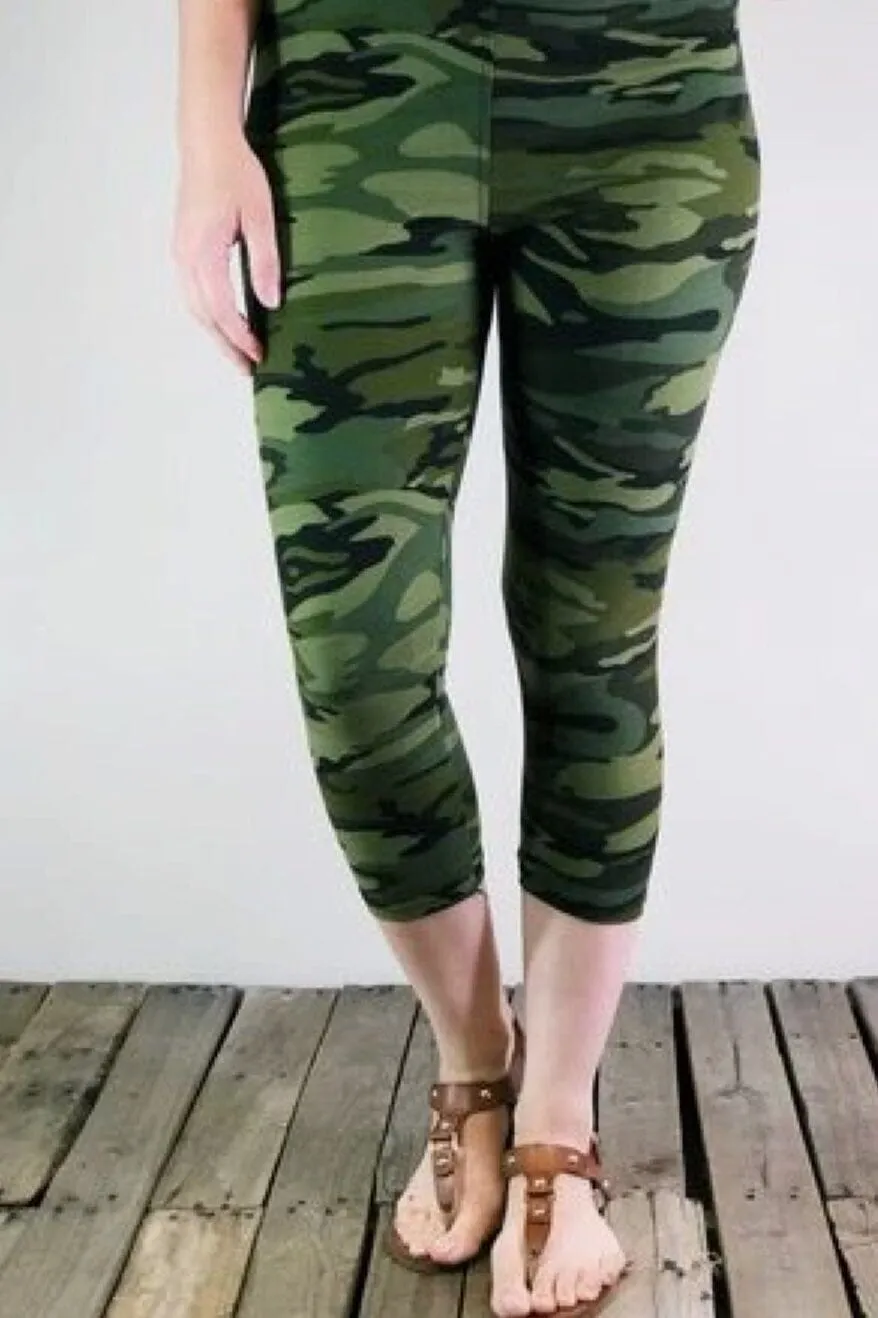 Womens Camouflage Capri Leggings, Soft Yoga Pants, Sizes 0-18, No-Roll Waist, Green