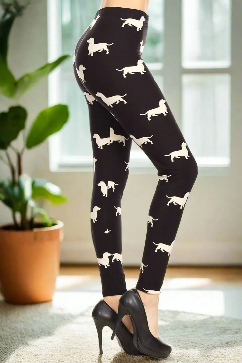 Womens Dachshund Dog Leggings, Soft Yoga Pants, Sizes 18-22, No-Roll Waist, Black/White