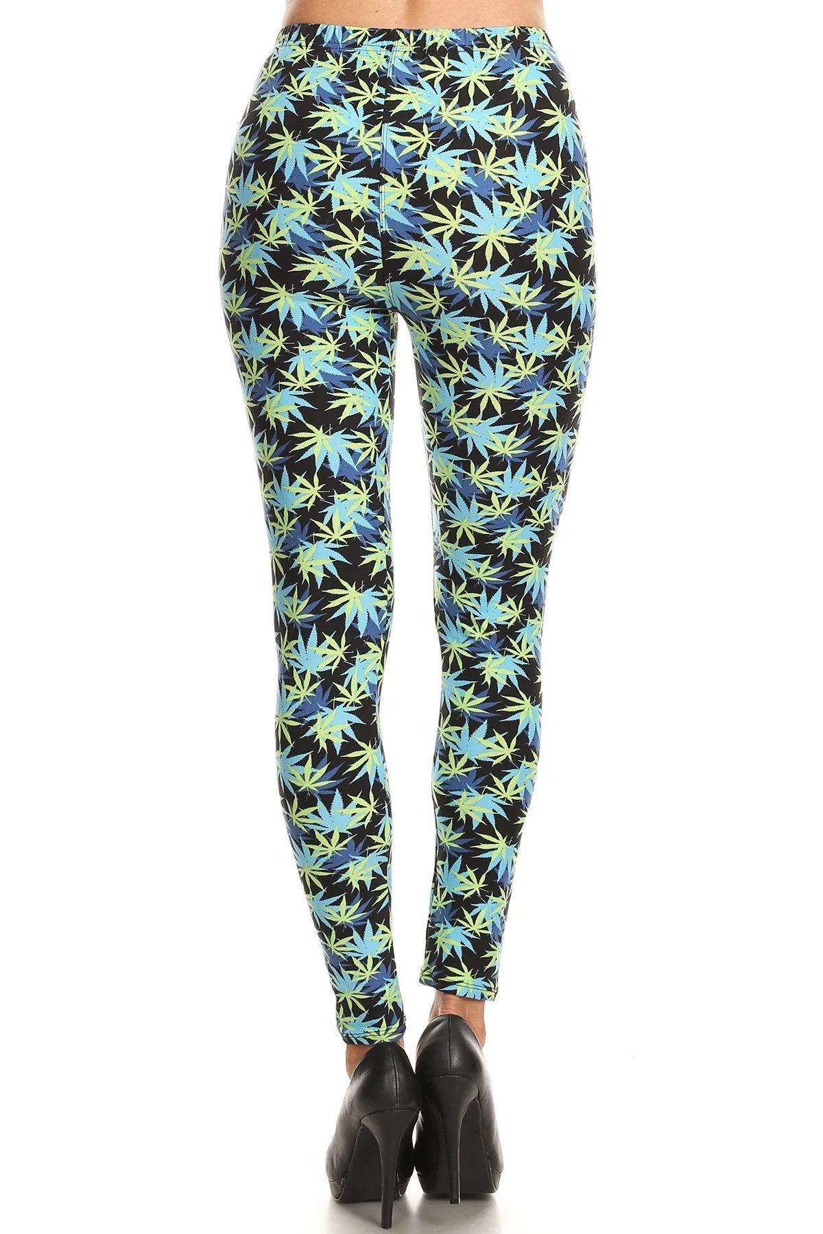 Women's Plus Yellow Leaf Plant Pattern Printed Leggings