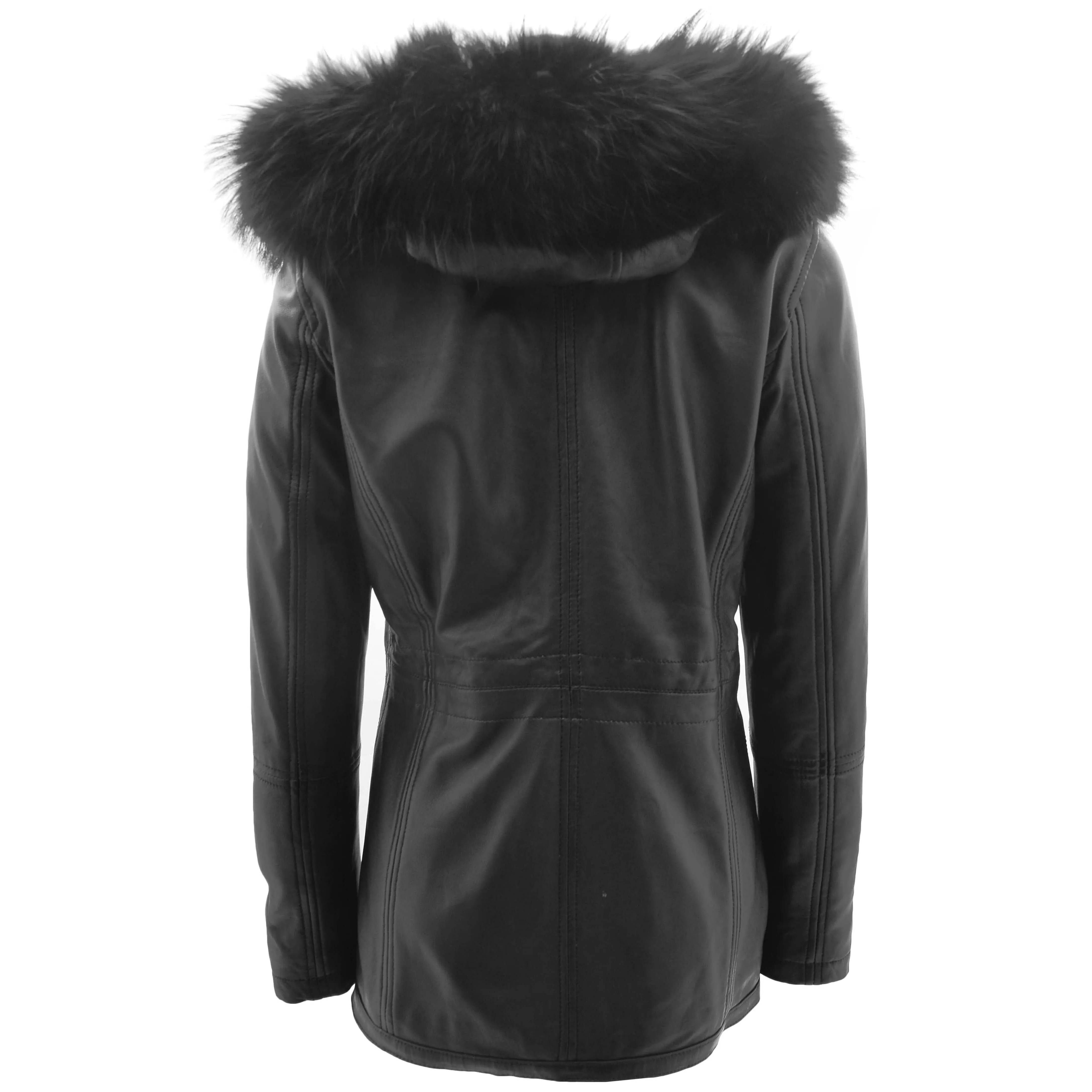 Womens Real Leather Mid Length Coat Fleur Black