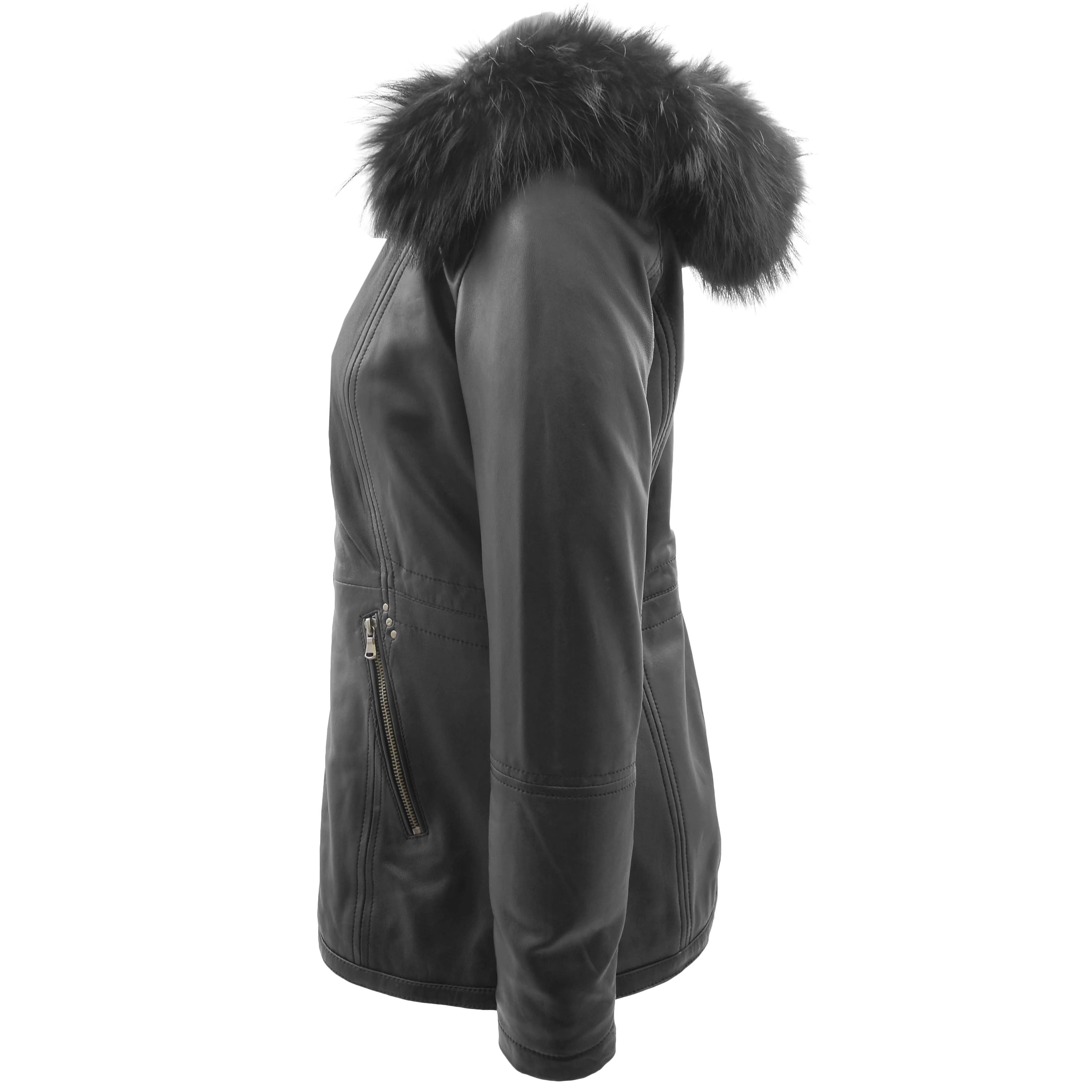 Womens Real Leather Mid Length Coat Fleur Black