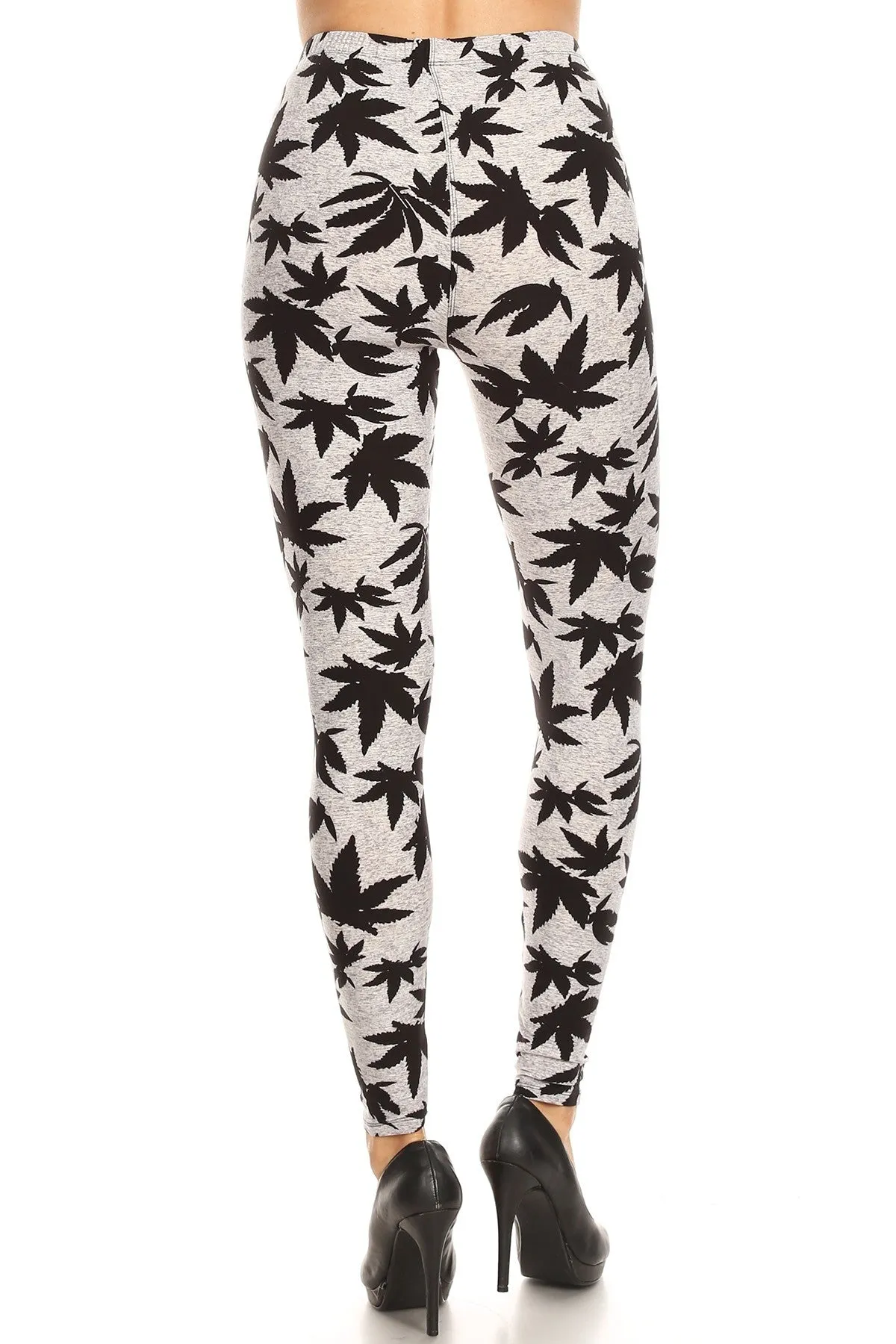 Women's Regular Allover Grey Black Cannabis Leaf Plant Pattern Printed Leggings