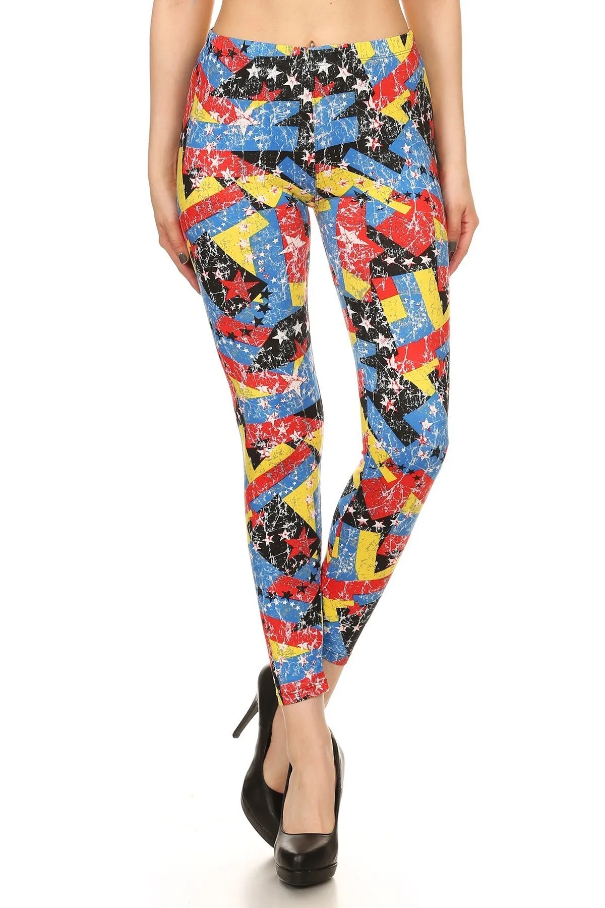 Women's Regular Distressed Geometric with Elastic Waist Pattern Printed Leggings