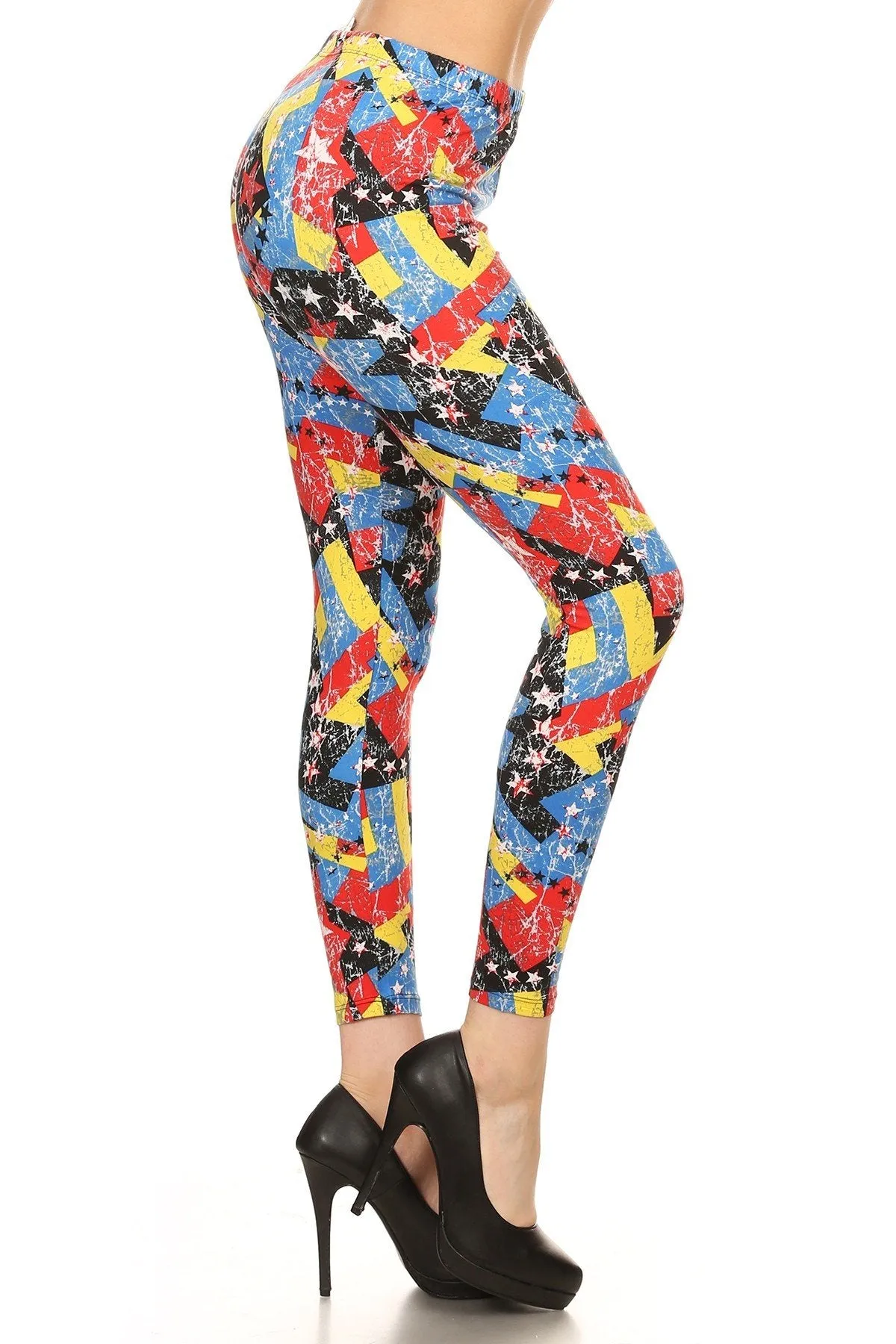 Women's Regular Distressed Geometric with Elastic Waist Pattern Printed Leggings