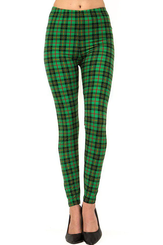 Women's Regular Holiday Green Wine Plaid Pattern Printed Leggings