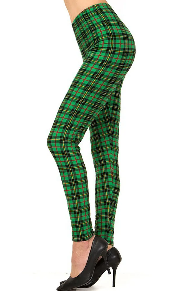 Women's Regular Holiday Green Wine Plaid Pattern Printed Leggings