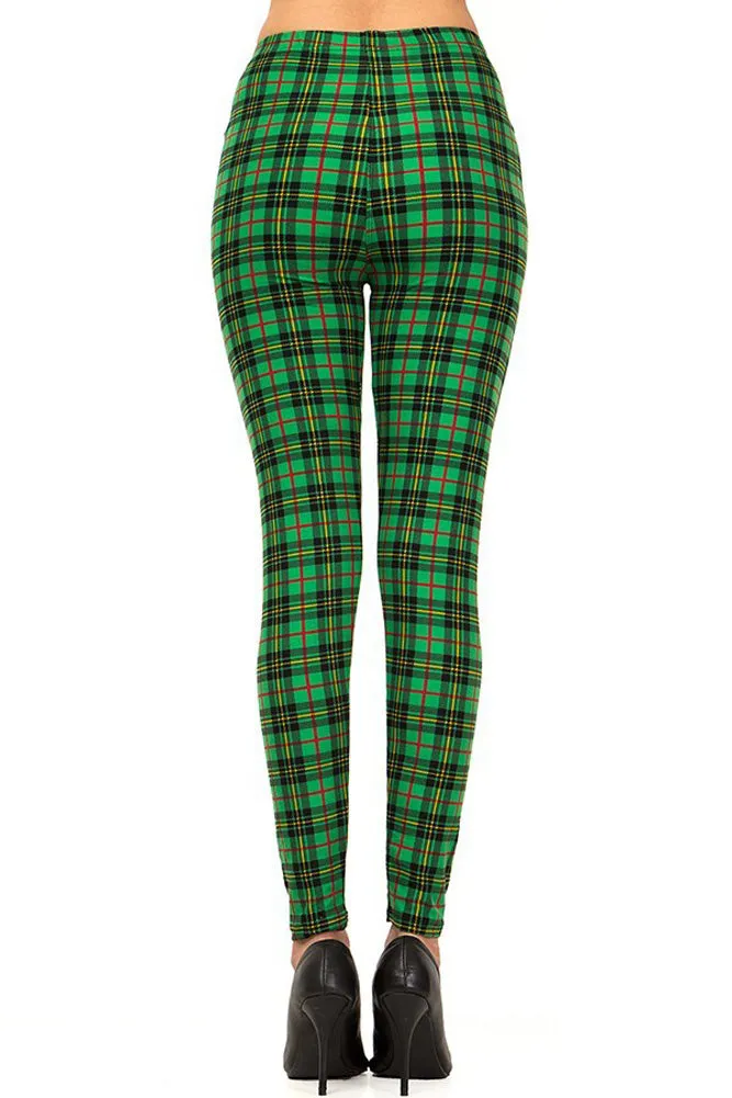 Women's Regular Holiday Green Wine Plaid Pattern Printed Leggings