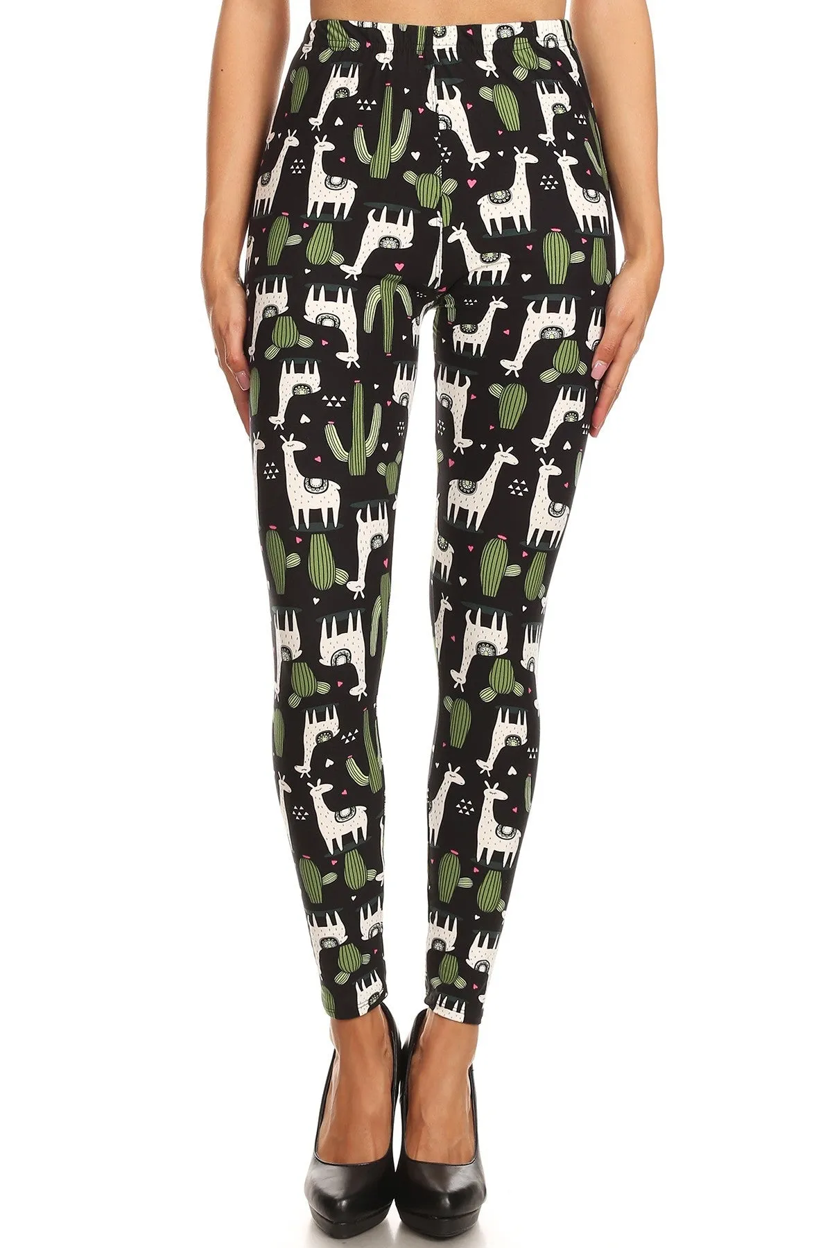 Women's Regular White Giraffe Green Cactus Pattern Printed Leggings