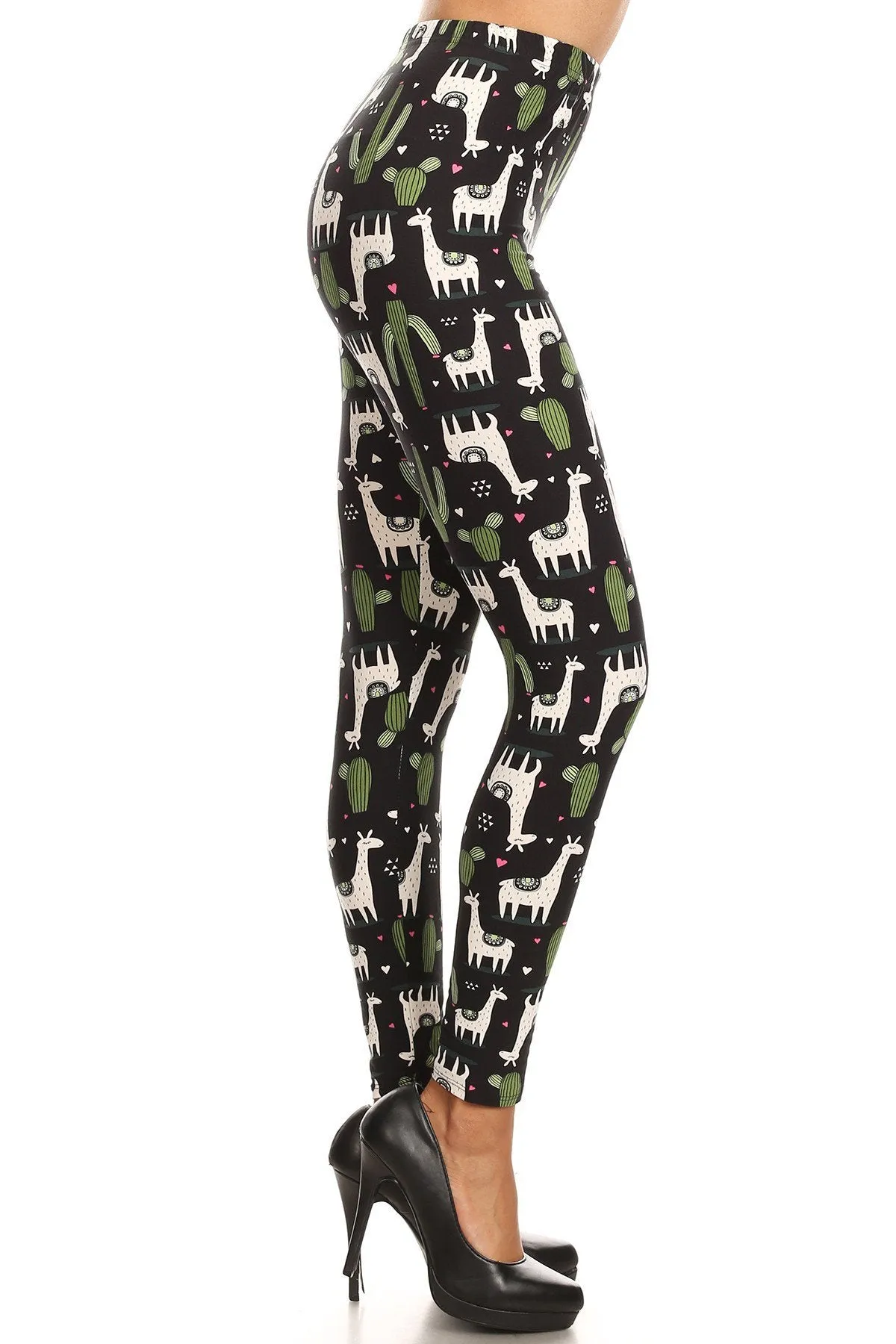 Women's Regular White Giraffe Green Cactus Pattern Printed Leggings