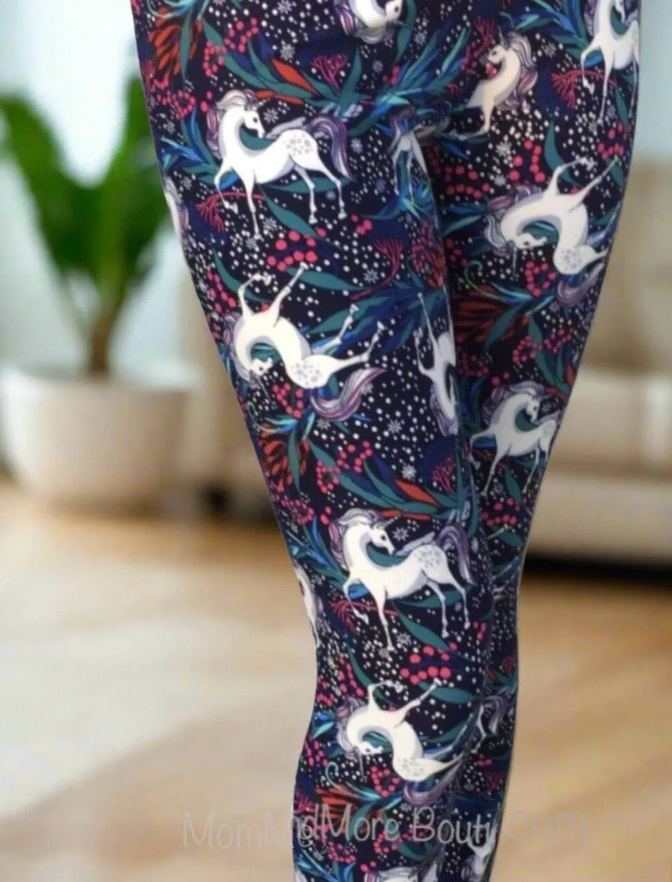 Womens Unicorn Leggings, Soft Yoga Pants, Sizes 0-18, No-Roll Waist, Blue/White