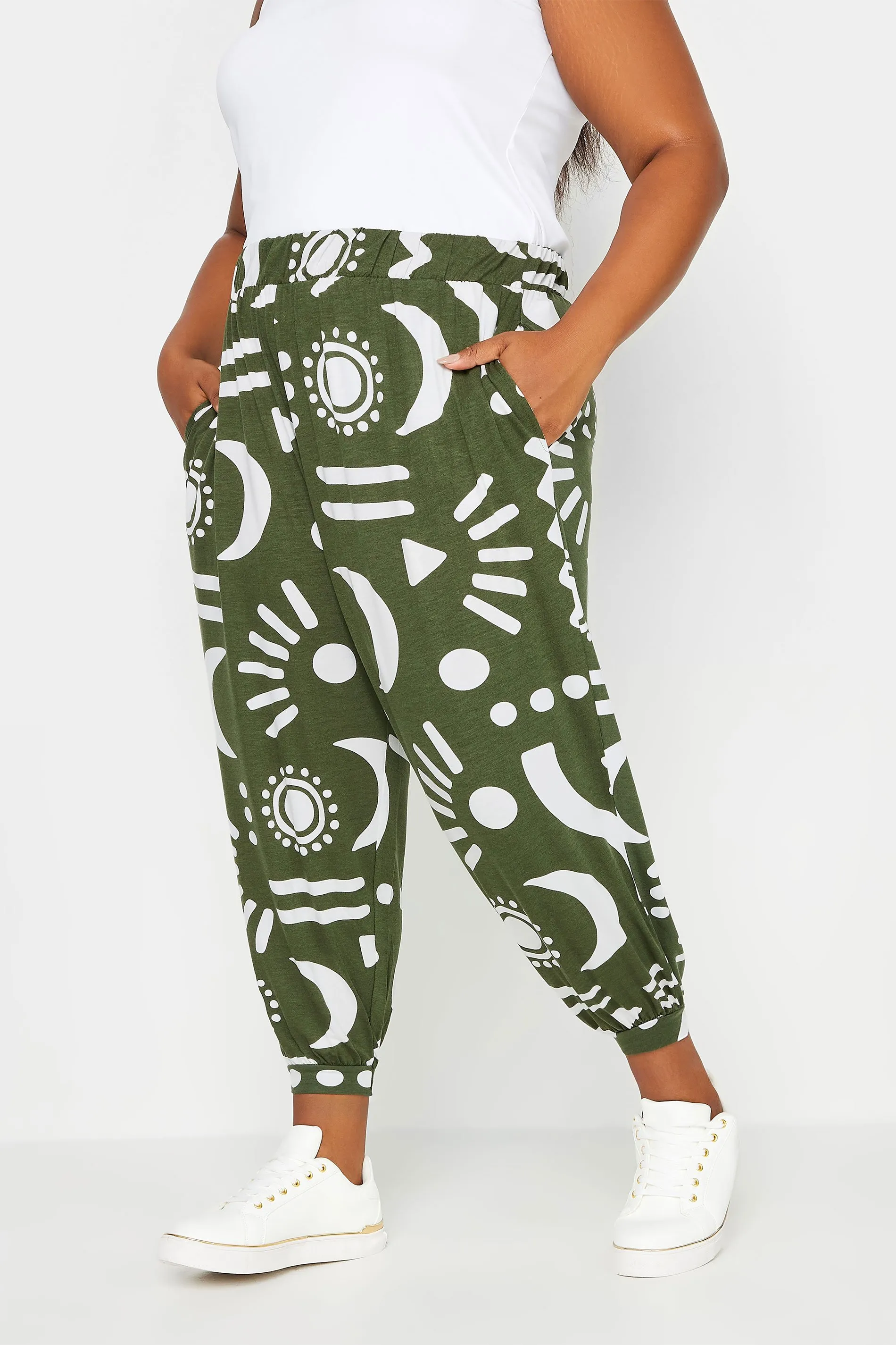 YOURS Curve Khaki Green Abstract Print Cropped Harem Trousers