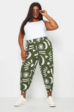 YOURS Curve Khaki Green Abstract Print Cropped Harem Trousers