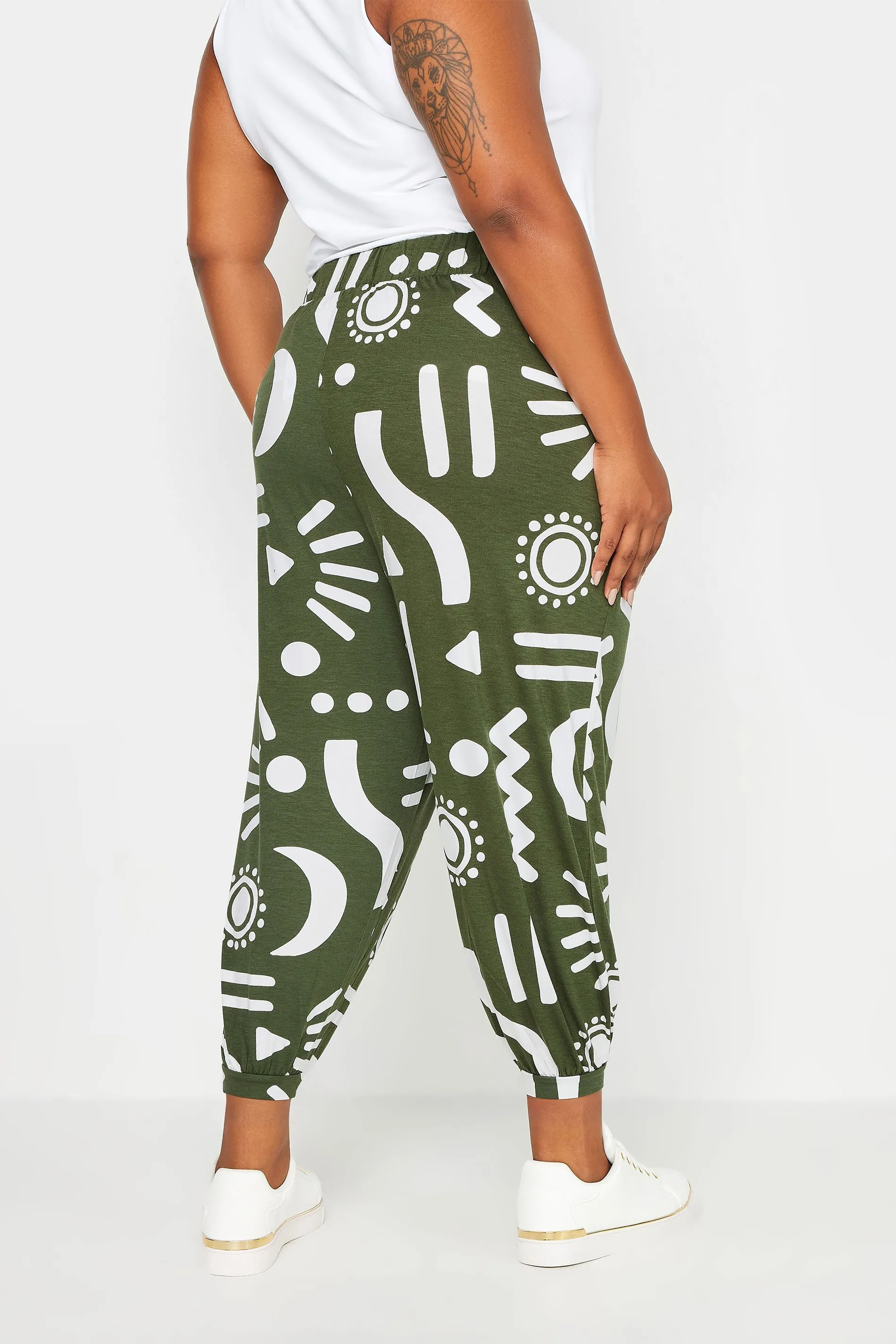 YOURS Curve Khaki Green Abstract Print Cropped Harem Trousers