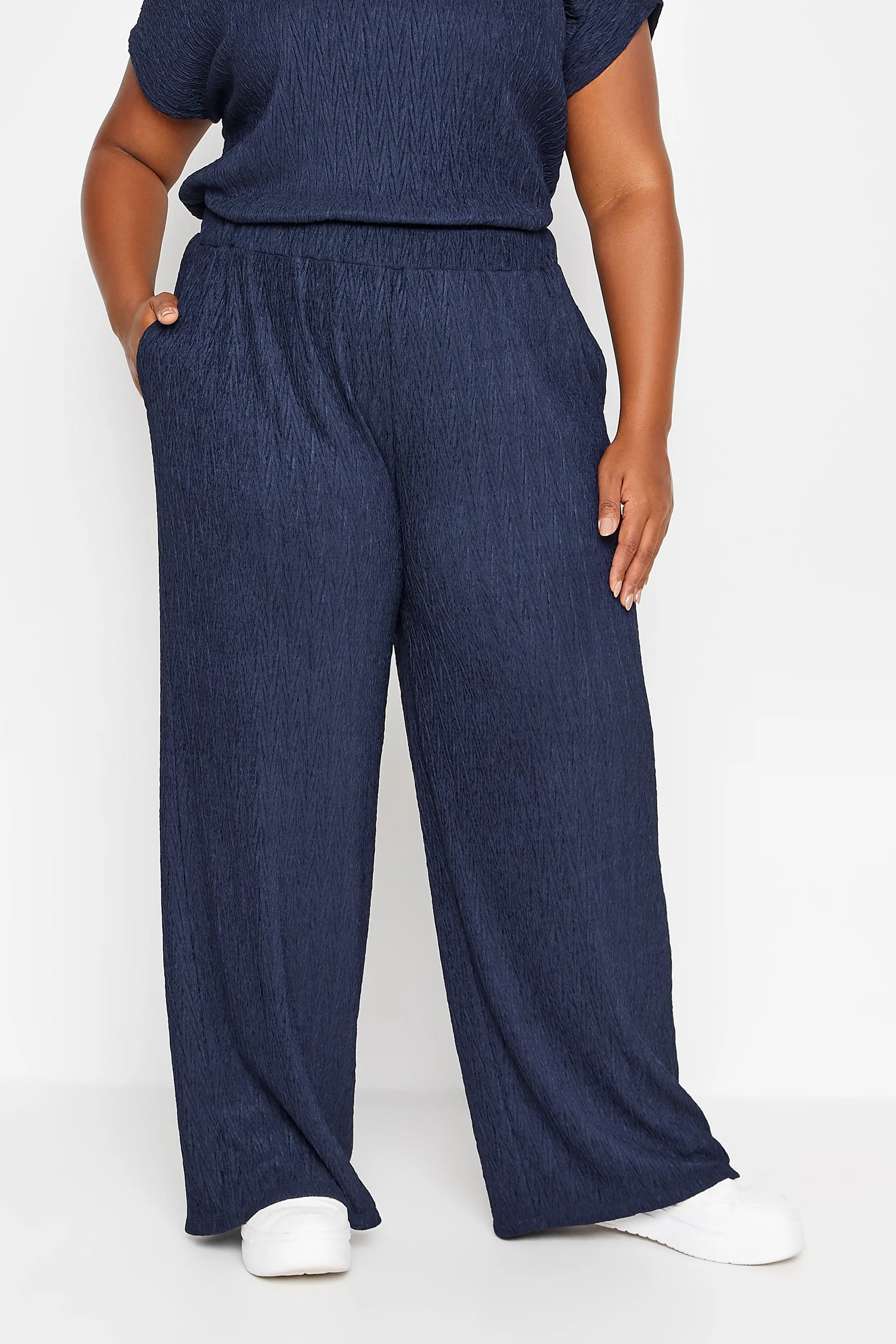 YOURS Curve Navy Blue Crinkle Plisse Wide Leg Trousers