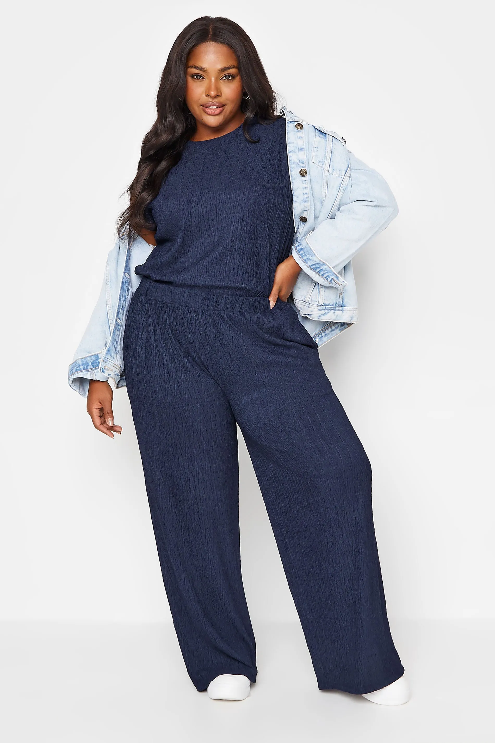 YOURS Curve Navy Blue Crinkle Plisse Wide Leg Trousers