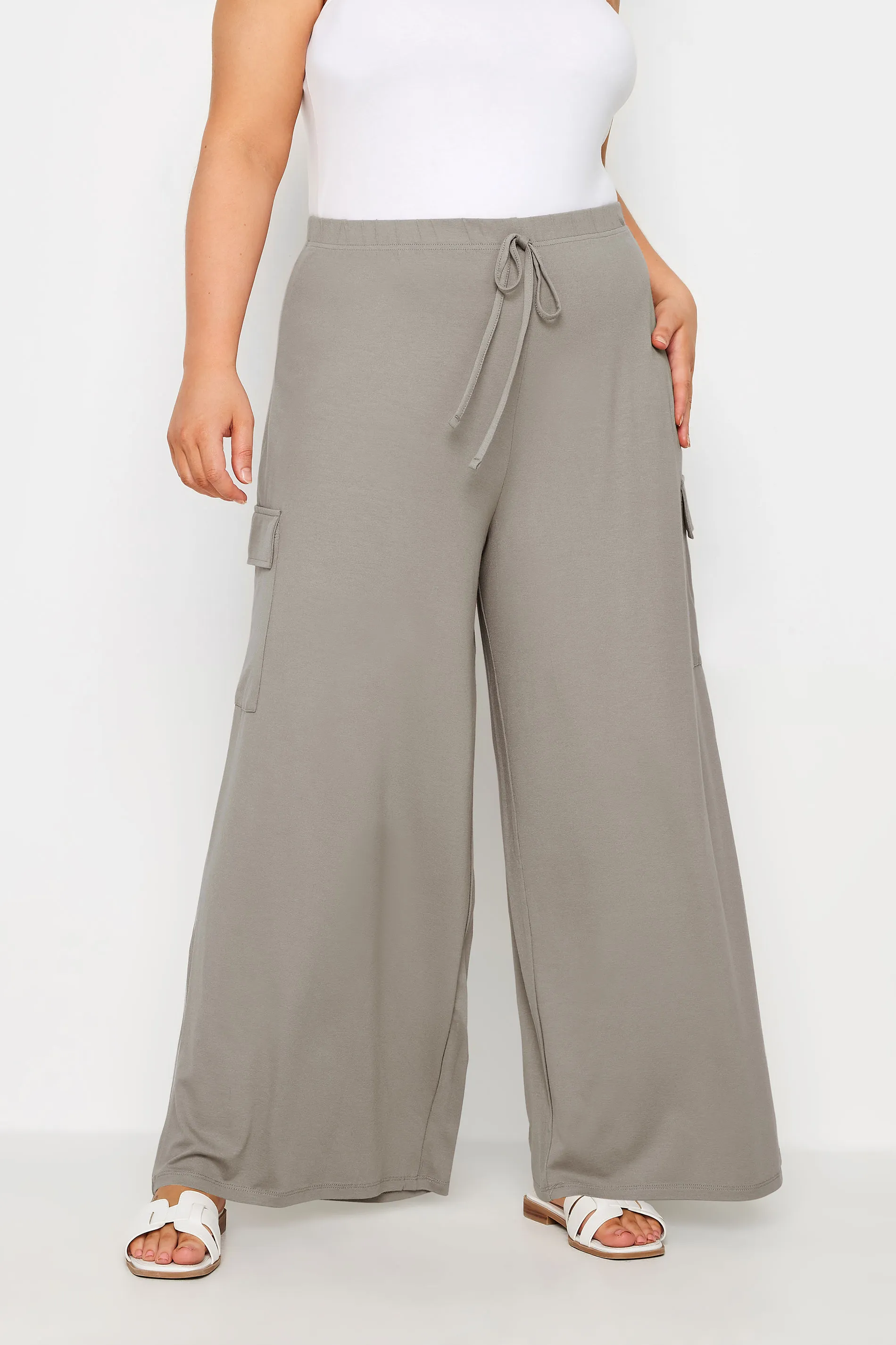 YOURS Curve Stone Brown Jersey Wide Leg Cargo Trousers