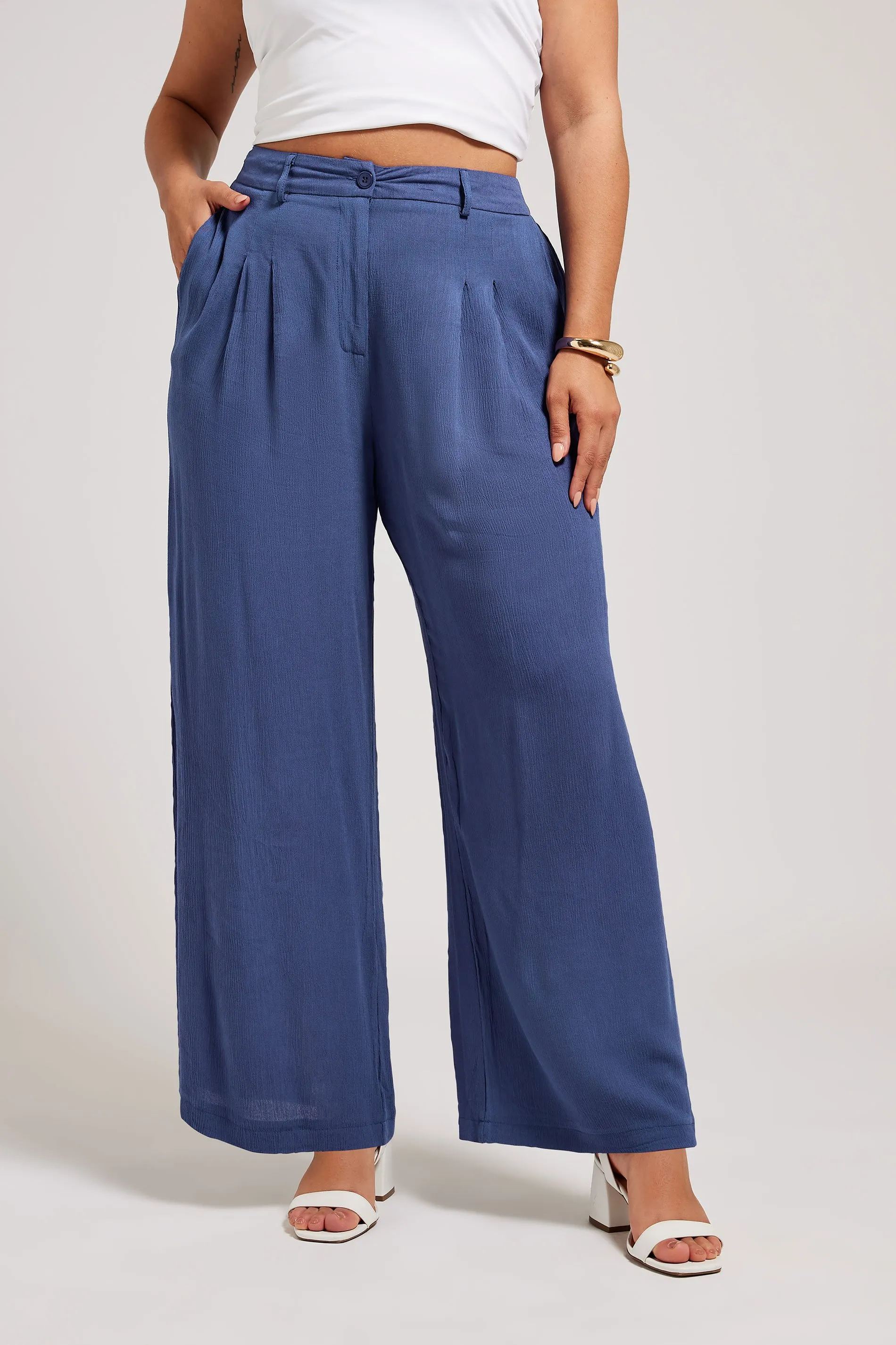 YOURS LONDON Curve Blue Pleat Front Wide Leg Trousers