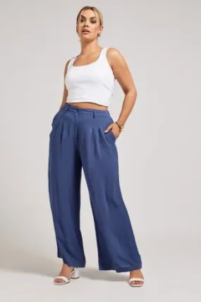 YOURS LONDON Curve Blue Pleat Front Wide Leg Trousers